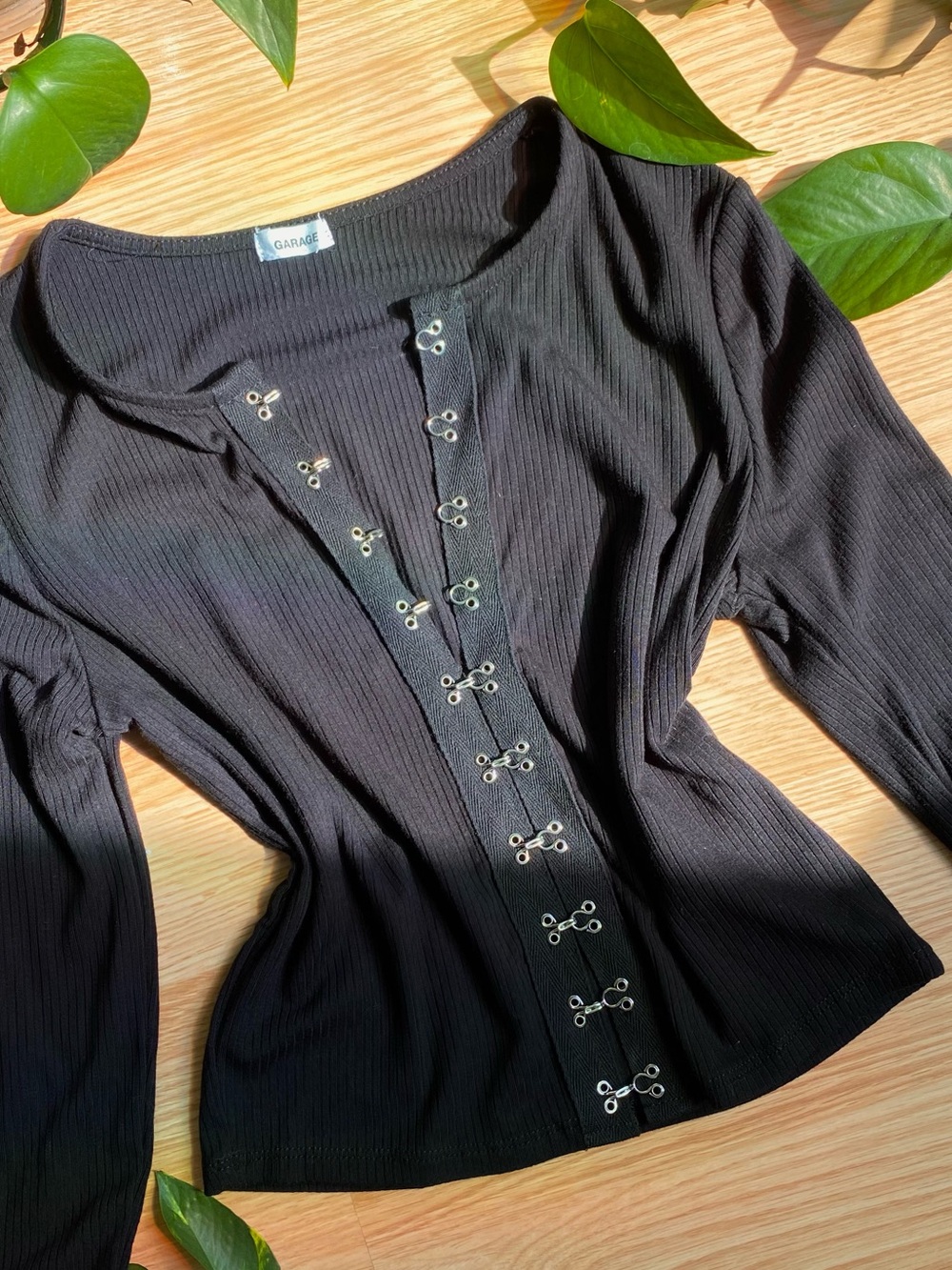 🖤 Black Ribbed Hook-and-Eye Long Sleeve Top Whimsygoth Goth Fall Autumn Grunge